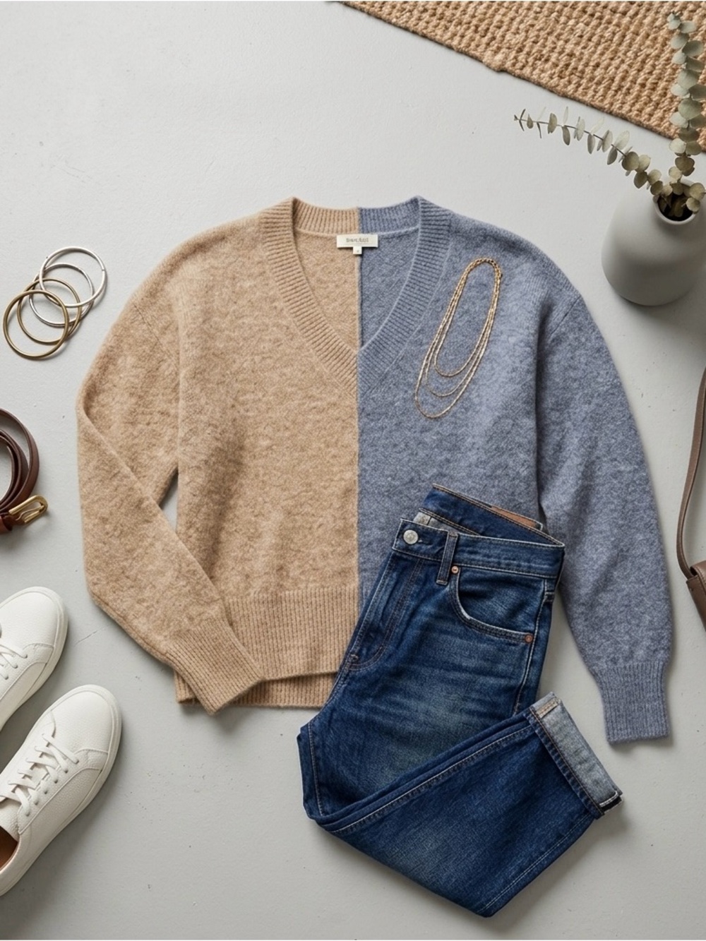 Bartolini Two-Tone V-Neck Sweater in Taupe & Slate